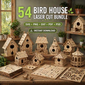 Puede incluir: Una colección de casas para pájaros de madera cortadas con láser en varios diseños, incluyendo casas con tejados a dos aguas, aberturas redondas y elementos decorativos. La imagen también muestra patrones recortados y el texto "54 BIRD HOUSE LASER CUT BUNDLE".