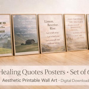 May include: A set of six framed posters with motivational quotes. Each poster has a landscape image and text in a serif font. The posters are arranged in a row on a wooden floor, with the text "Speak to Your rhythm NOT THEIR Rules".