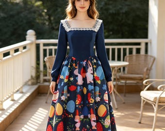 Zestaw sukienek z koronką w stylu vintage, kostium cosplay w kwiaty, sukienka midi w stylu retro z wycięciem w talii, strój księżniczki Cottagecore, ręcznie robione ubrania do odgrywania ról