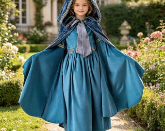 Strój księżniczki elfów, niebieska sukienka fantasy z aksamitną peleryną, strój cosplay elfa na Halloween, kostium średniowiecznej wróżki dworskiej