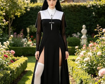 Seksowny kostium zakonnicy dla kobiet w stylu gotyckiego krzyża, kostium cosplay dla dorosłych na Halloween, kostium karnawałowy w stylu dark fantasy
