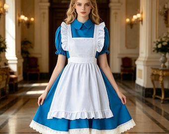 Sukienka Lolita w kolorze niebieskim inspirowana Alicją dla kobiet, kostium cosplay księżniczki pokojówki, strój na halloweenowe przyjęcie herbaciane, sukienka na imprezę Cottagecore
