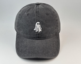 Minimalist Ghost Embroidered Washed Cotton Baseball Cap, Casual Halloween Headwear
