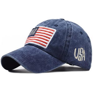 USA Flag Embroidered Washed Cotton Hat, Patriotic Vintage Baseball Cap