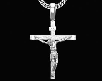 刻印入り十字架ネックレス、3Dイエス・キリスト磔刑十字架ペンダント、キリストチャーム、男性への追悼ギフト