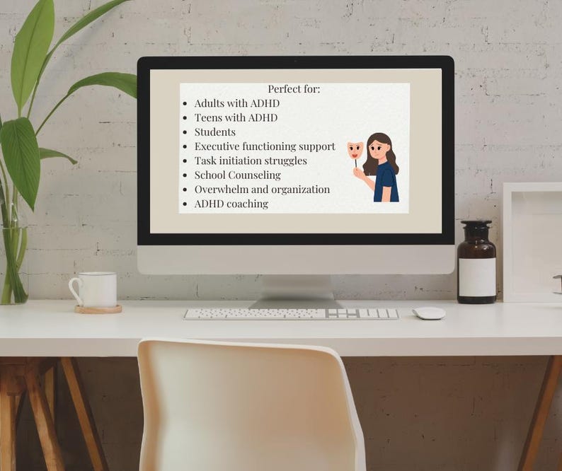 Peut inclure: Un &eacute;cran d'ordinateur affichant une liste &agrave; puces incluant Adults with ADHD, Teens with ADHD, Students, Executive functioning support, Task initiation struggles, School Counseling, Overwhelm and organization, et ADHD coaching.