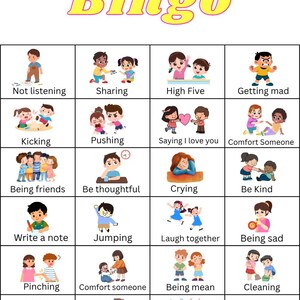 Peut inclure: Une carte de jeu de Bingo color&eacute;e avec des illustrations repr&eacute;sentant diverses interactions sociales. Le mot "Bingo" est &eacute;crit en lettres jaunes en haut. La carte comprend des images d'enfants partageant, se c&acirc;linant et &eacute;tant gentils, avec des &eacute;tiquettes textuelles correspondantes.