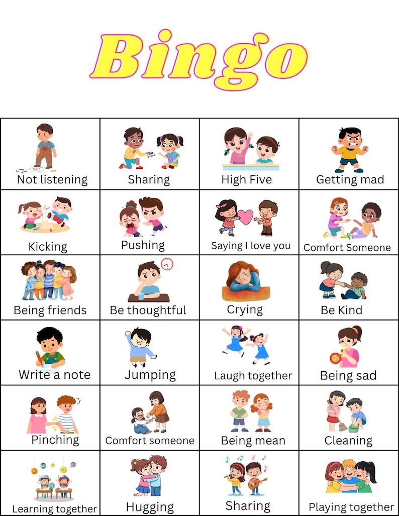 Peut inclure: Une carte de jeu de Bingo color&eacute;e avec des illustrations repr&eacute;sentant diverses interactions sociales. Le mot "Bingo" est &eacute;crit en lettres jaunes en haut. La carte comprend des images d'enfants partageant, se c&acirc;linant et &eacute;tant gentils, avec des &eacute;tiquettes textuelles correspondantes.