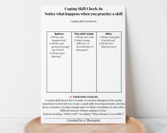 Coping Skills Check-In Worksheet | Emotional Regulation & Therapy Printable | Coping Skills Reflection | Mental Health Worksheet PDF