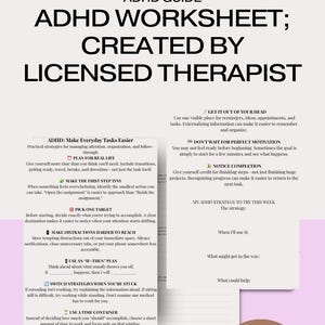 Può includere: Una scheda di lavoro per l'ADHD creata da un terapeuta autorizzato. Il documento presenta testo nero su sfondo bianco, incluse sezioni intitolate ADHD: Make Everyday Tasks Easier, Get It Out Of Your Head e My ADHD Strategy To Try This Week.