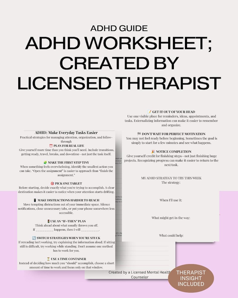 Peut inclure: Une fiche de travail ADHD cr&eacute;&eacute;e par un th&eacute;rapeute agr&eacute;&eacute;. Le document pr&eacute;sente du texte noir sur fond blanc, incluant des sections intitul&eacute;es ADHD: Make Everyday Tasks Easier, Get It Out Of Your Head et My ADHD Strategy To Try This Week.