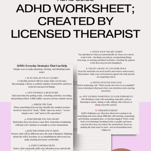Può includere: Una scheda di lavoro sull'ADHD creata da un terapista autorizzato. Il documento presenta testo nero su sfondo bianco, elencando dieci strategie per la gestione dei compiti, tra cui la pianificazione, la riduzione dei compiti e la definizione.