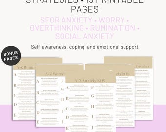 Paquete de hojas de trabajo sobre ansiedad y pensamientos excesivos / Habilidades para afrontar la preocupación, la rumiación y la ansiedad social / 5 materiales imprimibles para terapia