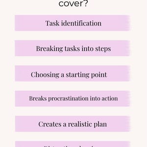 Peut inclure: Une fiche de travail avec le titre What does this worksheet cover? suivi de six barres horizontales violet clair contenant le texte : Task identification, Breaking tasks into steps, Choosing a starting point, Breaks procrastination into action, Creates a realistic plan, et Distracting planning.