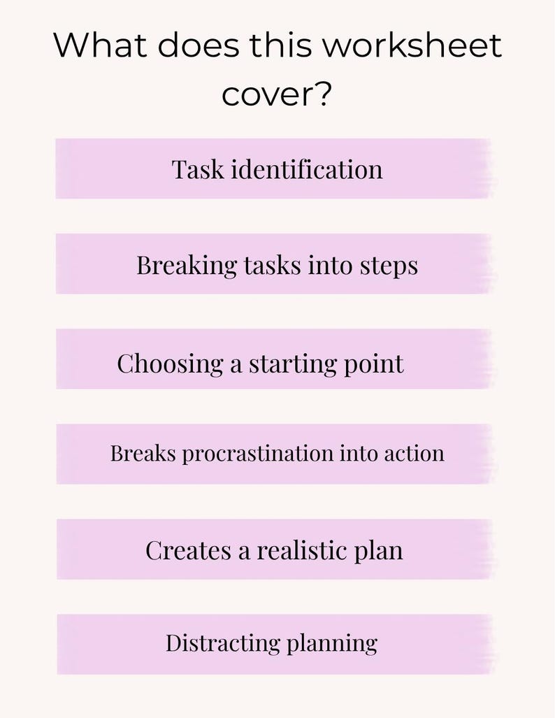 Peut inclure: Une fiche de travail avec le titre What does this worksheet cover? suivi de six barres horizontales violet clair contenant le texte : Task identification, Breaking tasks into steps, Choosing a starting point, Breaks procrastination into action, Creates a realistic plan, et Distracting planning.
