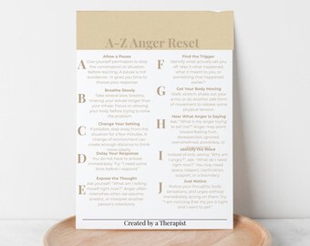 A-Z Anger Reset Printable | Anger Management Worksheet | Anger Coping Skills & Emotional Regulation | Therapy Resource
