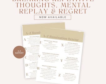 Hoja de trabajo para adultos y adolescentes sobre cómo controlar los pensamientos excesivos / Deja de darle vueltas a las cosas y de revivir conversaciones / Habilidades para afrontar la ansiedad / PDF imprimible para terapia