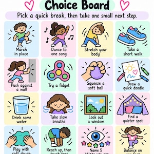 Puede incluir: Un póster ADHD Brain Break Choice Board con dieciséis cuadrados ilustrados coloridos que muestran actividades como marchar, bailar, estirarse, caminar, usar un fidget, apretar una pelota, dibujar, beber agua, respirar y mantener el equilibrio.