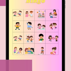 Peut inclure: Un jeu de bingo num&eacute;rique affich&eacute; sur une tablette. Le jeu pr&eacute;sente des illustrations color&eacute;es d'enfants dans diverses activit&eacute;s. Le mot "Bingo" est &eacute;crit en jaune en haut. Le fond est un d&eacute;grad&eacute; de jaune et de rose.