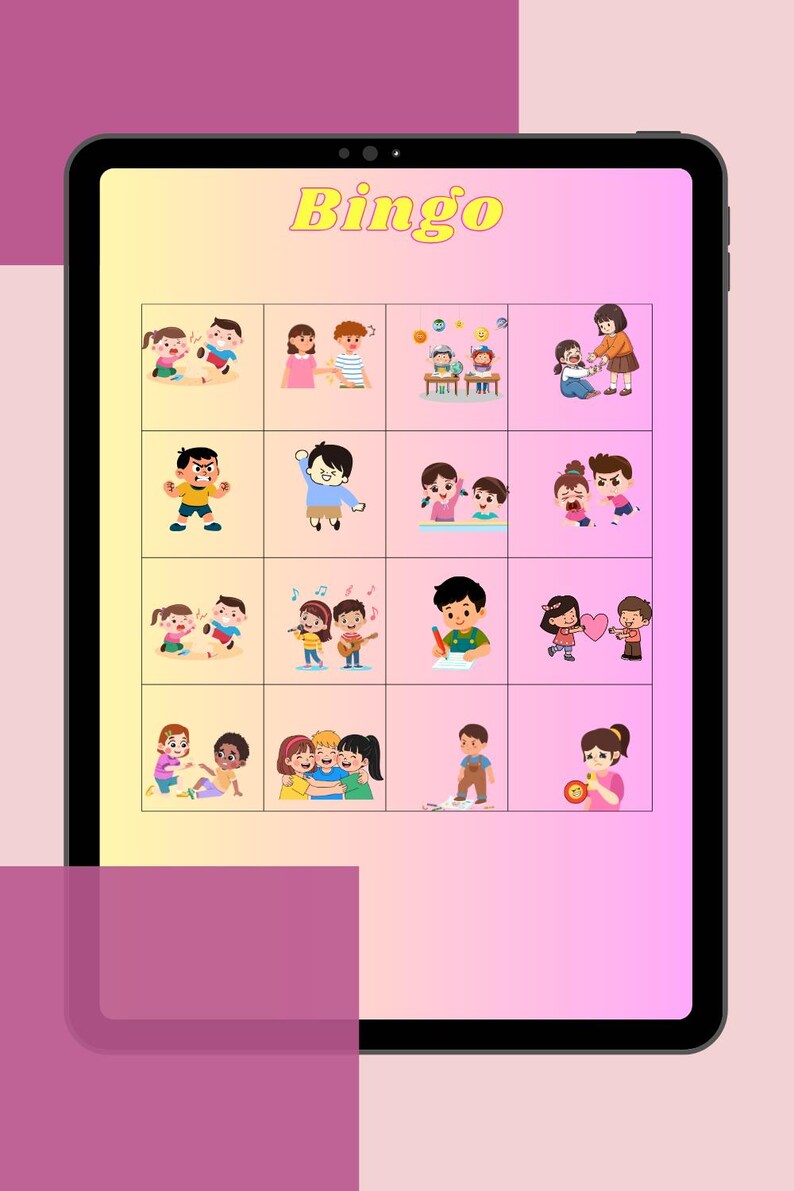 Peut inclure: Un jeu de bingo num&eacute;rique affich&eacute; sur une tablette. Le jeu pr&eacute;sente des illustrations color&eacute;es d'enfants dans diverses activit&eacute;s. Le mot "Bingo" est &eacute;crit en jaune en haut. Le fond est un d&eacute;grad&eacute; de jaune et de rose.