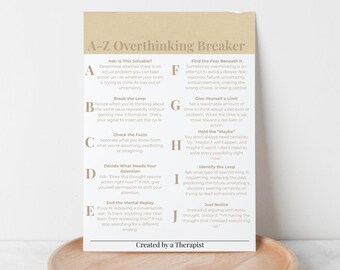 Overthinking Worksheet for Adults And Teens | Anxiety Coping Skills A-Z | Stop Rumination & What If Thoughts | Therapy Printable PDF