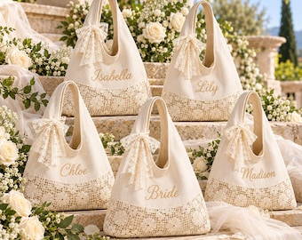 Personalized Lace Wedding Tote Bag, Embroidered Name Bridesmaid Bag, Wedding Day Bag, Bridal Party Gift, Weekend Tote