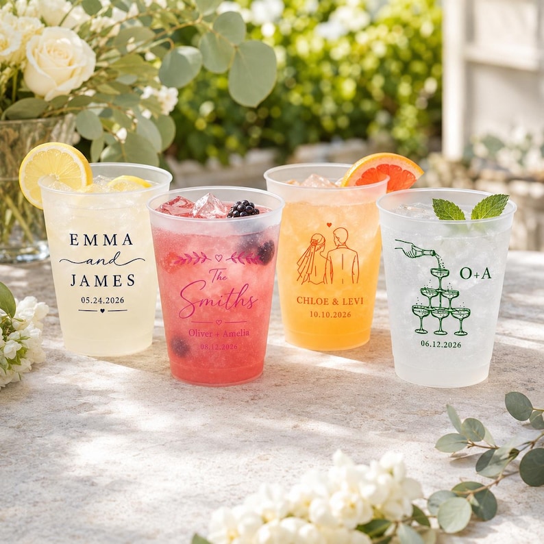 May include: Four clear plastic cups filled with ice and beverages, each featuring custom printed designs. The cups display names like Emma and James, The Smiths, Chloe and Levi, and initials O+A, along with wedding dates and graphic illustrations.