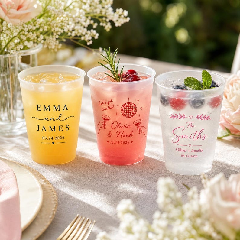 May include: Three clear plastic cups filled with colorful drinks. The first cup has black text reading EMMA and JAMES 05.24.2026. The second cup has red text reading Let's get toasted! Olivia & Noah 11.14.2026. The third cup has pink text reading The Smiths Oliver + Amelia 08.12.2026.