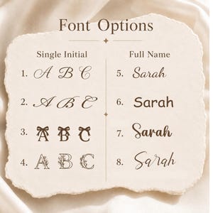 May include: A beige card with rough edges displaying Font Options. The left column shows Single Initial styles 1 through 4, featuring script, serif, bow-adorned, and floral-accented letters. The right column shows Full Name styles 5 through 8.