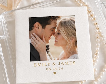 Personalized Wedding Photo Napkins, Custom Picture Cocktail Napkins, Bride Groom Text Napkins, Reception Favor