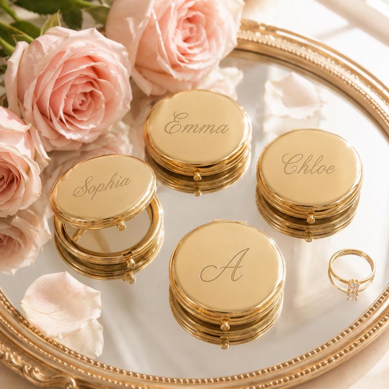 May include: Four round gold-toned metal compact mirrors with engraved names Emma, Sophia, Chloe, and the letter A, arranged on a circular mirrored tray alongside a thin gold ring and several soft pink rose blossoms with scattered petals.