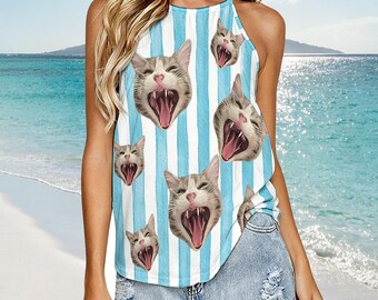 Custom Face Striped Halter Top, Personalized Pet Face Tank Top, Funny Cat Mom Gift, Beach Wear, Summer Gift for Her