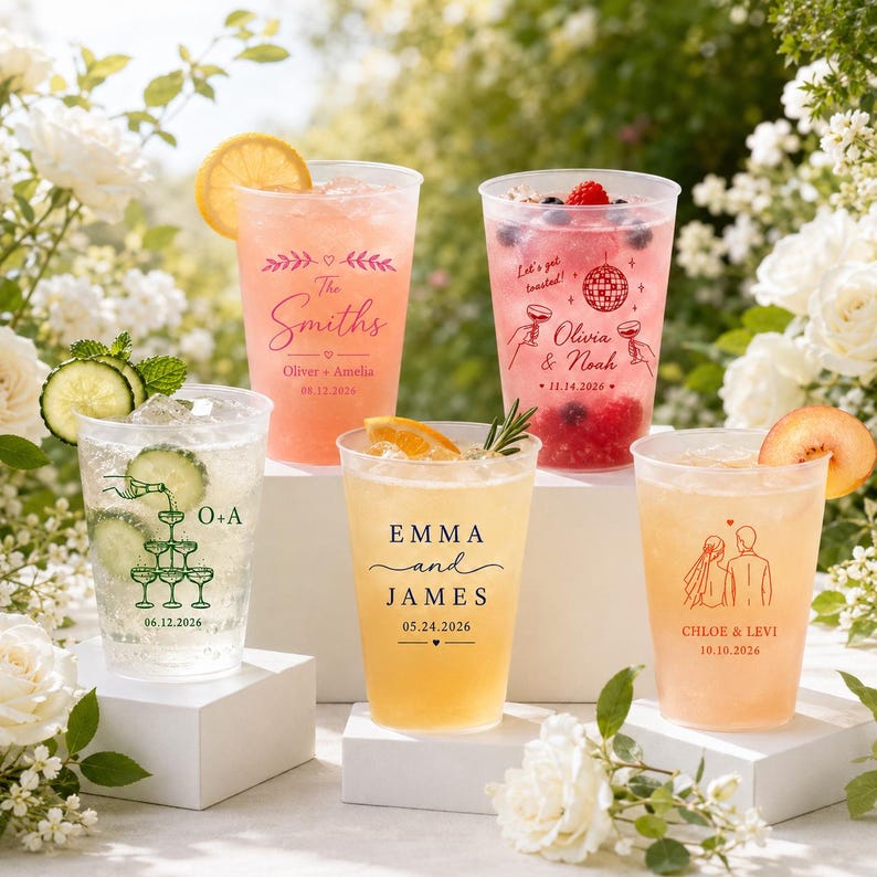 May include: Five clear plastic cups filled with colorful beverages and fruit garnishes. Each cup features custom printed text and graphics, including names and dates, celebrating various couples and wedding dates in a variety of ink colors.