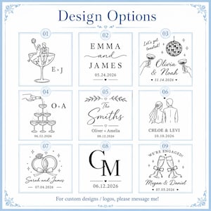 May include: A grid of nine black and white graphic design options for custom engraving, featuring illustrations of couples, champagne glasses, rings, and disco balls, with various names, dates, and text like Let's get toasted and We're engaged.