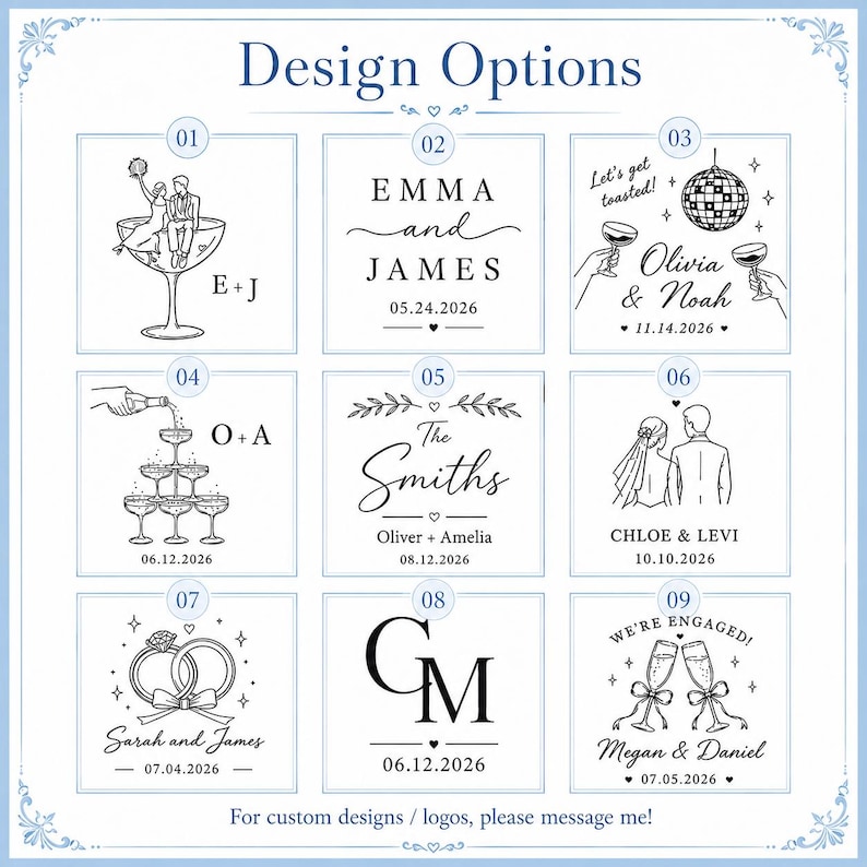 May include: A grid of nine black and white graphic design options for custom engraving, featuring illustrations of couples, champagne glasses, rings, and disco balls, with various names, dates, and text like Let's get toasted and We're engaged.