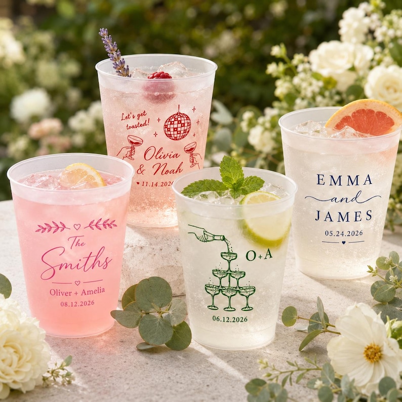 May include: Four clear plastic cups filled with ice and beverages, each featuring custom printed text and graphics. Designs include names, dates, and illustrations like a disco ball, a champagne tower, and floral accents, garnished with fruit and herbs.