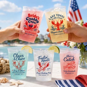 Personalized Frosted Plastic Cups, Custom Lobster Bach Cups, Coastal Bachelorette Party Favors, Beach Weekend Drinkware, Bride Crew Cups