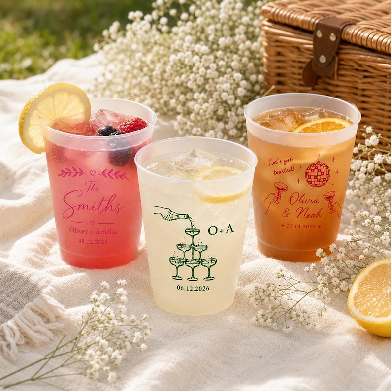May include: Three frosted plastic cups filled with colorful drinks and ice. The left cup is pink with "The Smiths, Oliver + Amelia, 08.12.2026" printed in red. The center cup is clear with a green champagne tower and "O+A, 06.12.2026". The right cup is orange with "Let's get toasted!, Olivia & Noah, 11.14.2026".