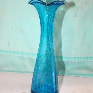 Gorgeous Vintage Blenko Handblown Crackle Glass Ruffle 8&quot; Blue Vase ~ Free Shipping