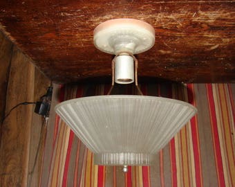 Nice Antique Ceiling Light Fixture with Beautiful Heavy Glass Shade and Glass Ceiling Mount Art Deco Style ~ FREE SHIPPING