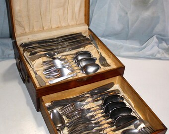 Nice Vintage Golden Oak Silverware Box with Drawer ~ Trade Winds MCM Silverware Set ~ Free Shipping