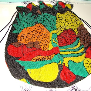 Bolso o cartera con cordón, divertido y original, con frutas vintage de los años 30 y cuentas ~ Envío gratis