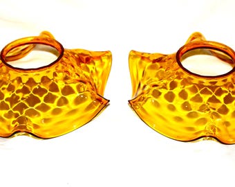 Nice Vintage Pair of Light Amber Glass Handkerchief Accent Shades for Student Lamp or Hurricane Lamps ~ Free Shipping