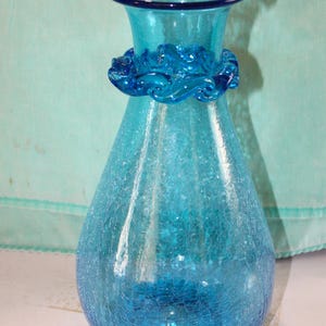 Gorgeous Vintage Large Blenko Handblown Crackle Glass Ruffle Collar 12&quot; Blue Vase ~ Free Shipping