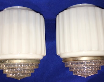 Nice Vintage Art Deco Skyscraper Ceiling Light Milk Glass Shades With Removeable Clear Glass Accent ~ 2 Available ~ Free Shipping