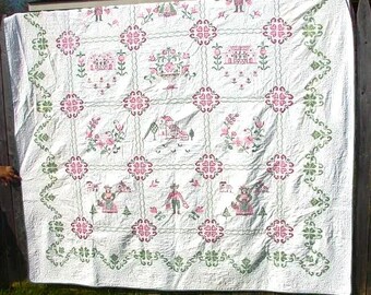 Beautiful Antique Hand Quilting Cross Stitch Quilt ~ Houses People Flower Urns ~ Swedish? Reuse or Restore