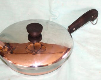 Nice Vintage Revere Ware Process Patent Copper Bottom 8" Stainless Skillet with Lid ~ Free Shipping