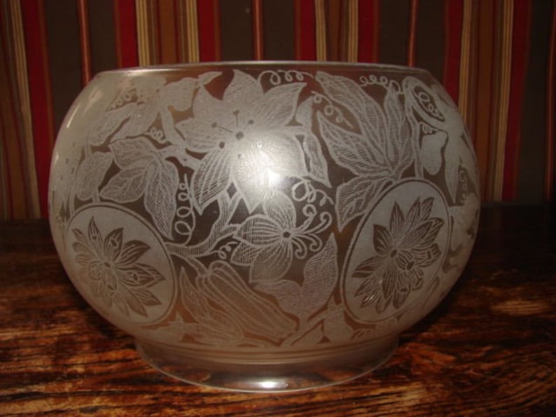 Gorgeous Matching Pair of Frosted and Etched Gas Fish Bowl Shades from the Late 1800/'s in Fine Condition ~ Clematis Vines Etching
