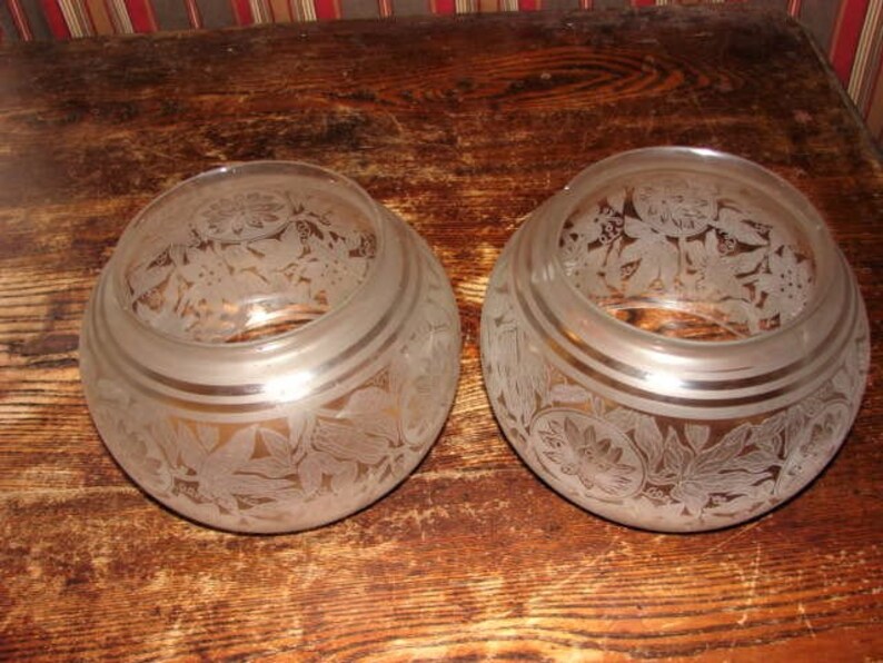 Gorgeous Matching Pair of Frosted and Etched Gas Fish Bowl Shades from the Late 1800/'s in Fine Condition ~ Clematis Vines Etching