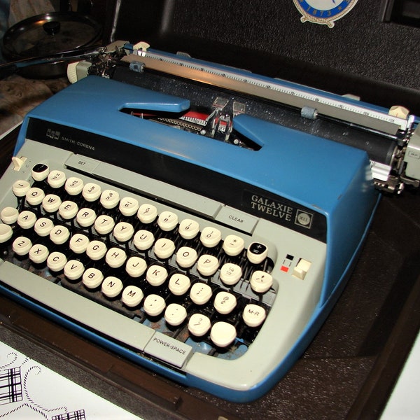 Smith Corona Galaxie Twelve Blue & White Manual Typewriter w/ Hard Case ~ 12" Carriage ~ Just Serviced Plus New Ribbon ~ FREE SHIPPING!